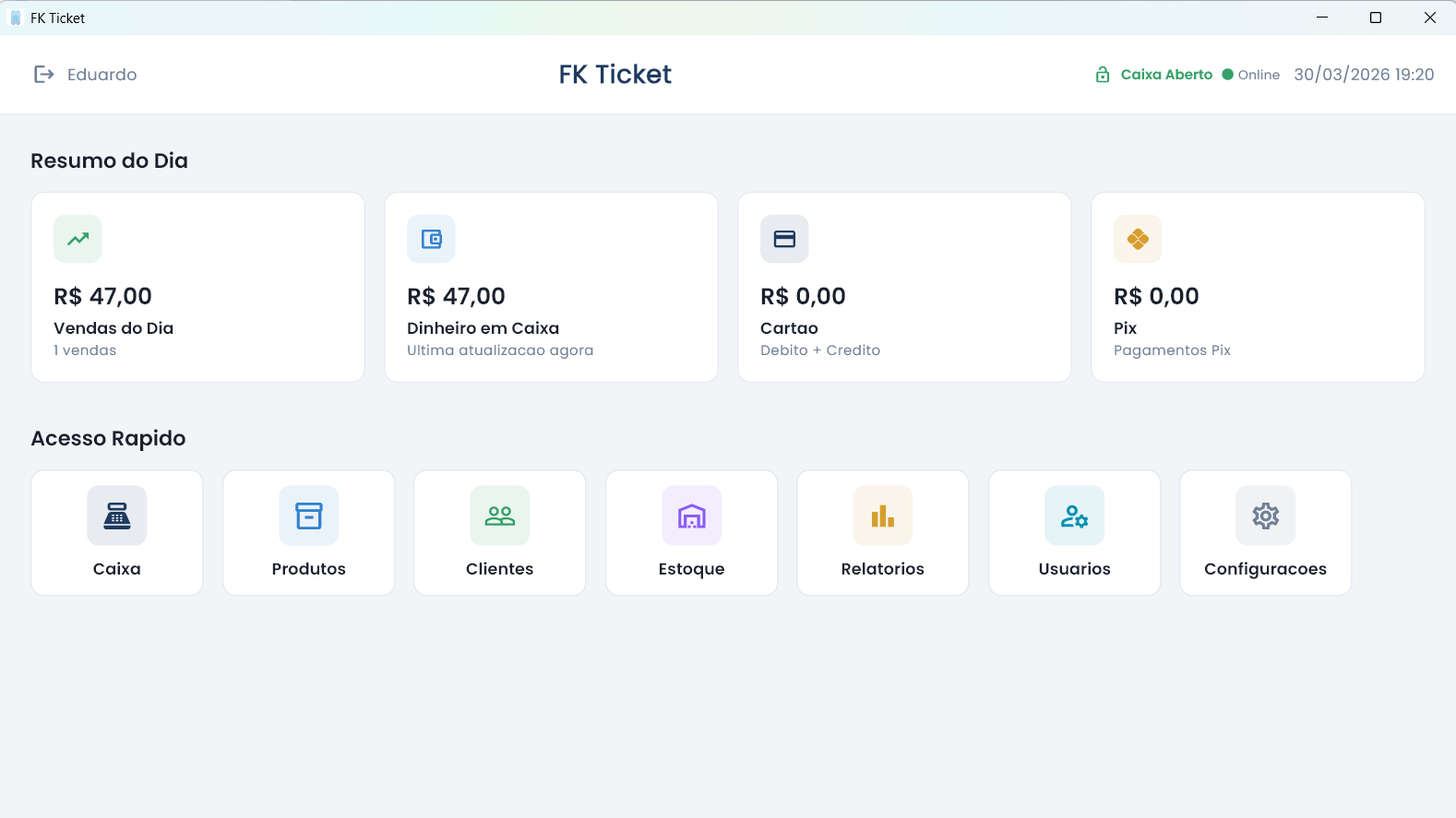 Dashboard do sistema com resumo do dia e atalhos gerenciais
