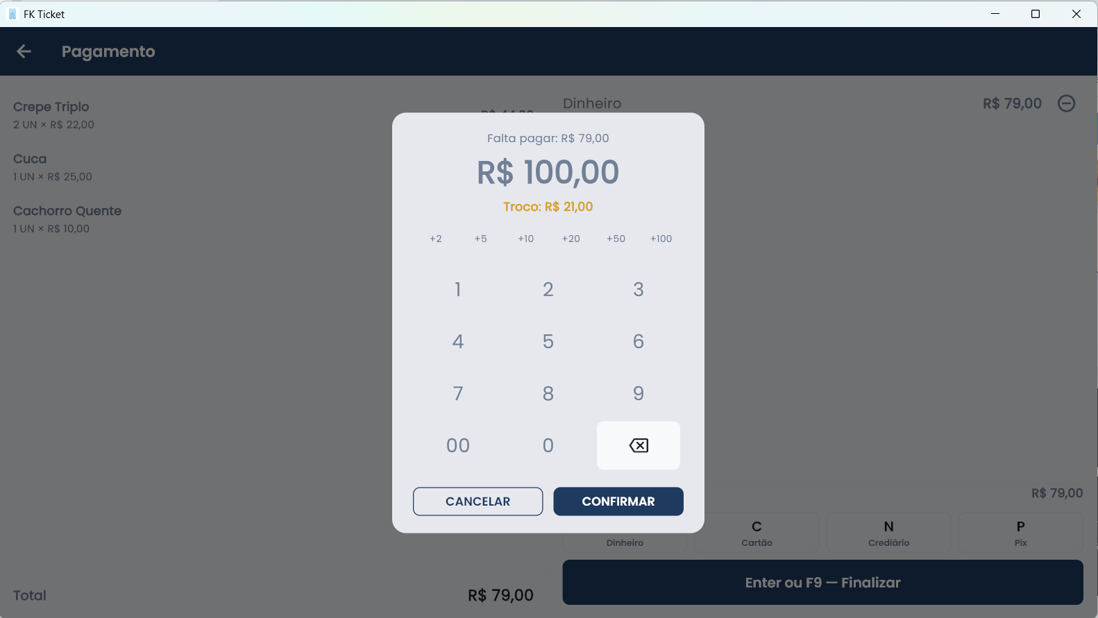 Tela de pagamento com calculo automatico de troco