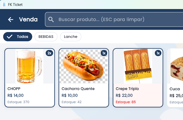 Tela do Ticket PDV destacando produtos e operacao de venda