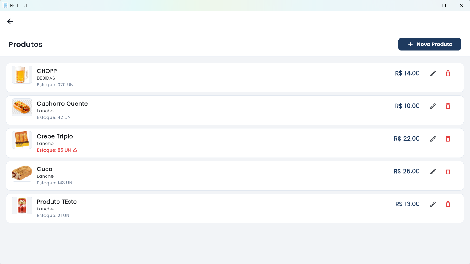 Listagem de produtos com imagem, preco e estoque